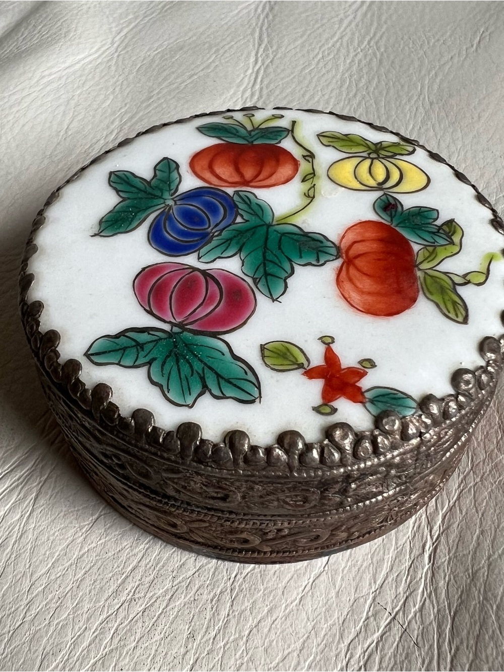 Vintage Floral Porcelain Trinket Box with Mirror Inside